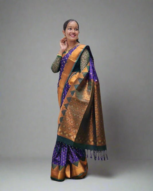 Handloom Blue Silk Saree with Green and Golden Design Border