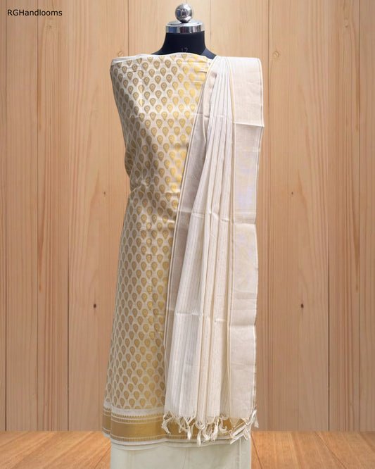 Elegant White Churidar Material with Golden Design & Border