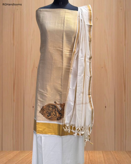 Beige Churidar Material with Printed Design & Golden Border