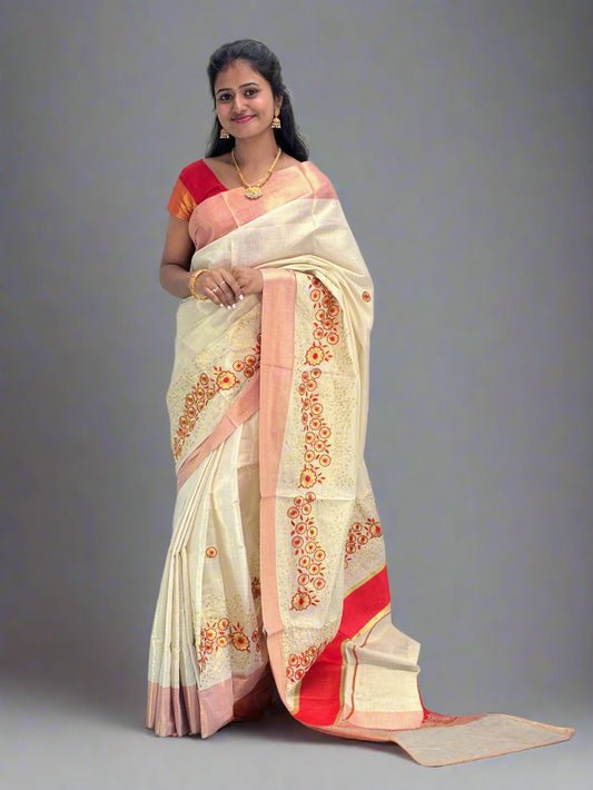 Ivory Saree with Red Sunflower Stitch Design and Red Border