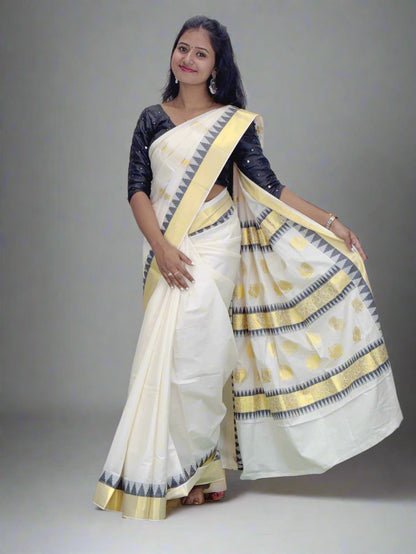 Handloom Beige Tissue Saree with Golden and Colored Border and Golden Design