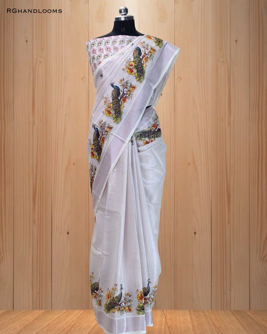 Pink Tissue Saree with Mural Print Peacock Design, paired with a stylish printed blouse