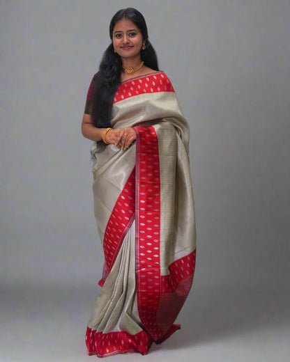 Handloom Tissue Silk Saree With Red Border and Rich Pallu