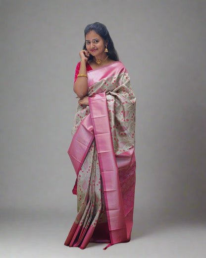 Handloom Silk Saree with Floral Design and Pink Border