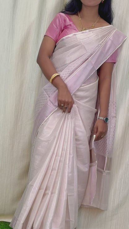 Elegant Pink Handloom Tissue Saree with Glossy Border
